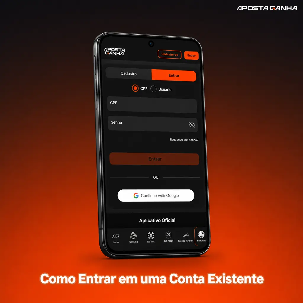Tela de login do aplicativo mostrando campos para CPF ou e-mail e senha para acessar conta existente.