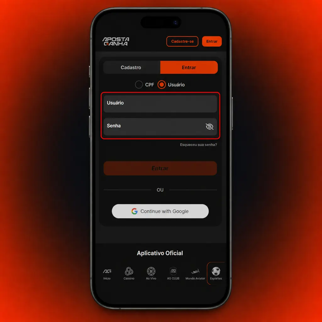 Tela de login com campos para e-mail ou telefone, senha e botão "Entrar" para acessar a conta.