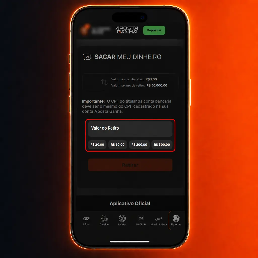 Tela do aplicativo mostrando como sacar fundos via Pix, AstroPay ou criptomoeda com valor mínimo de BRL 50.