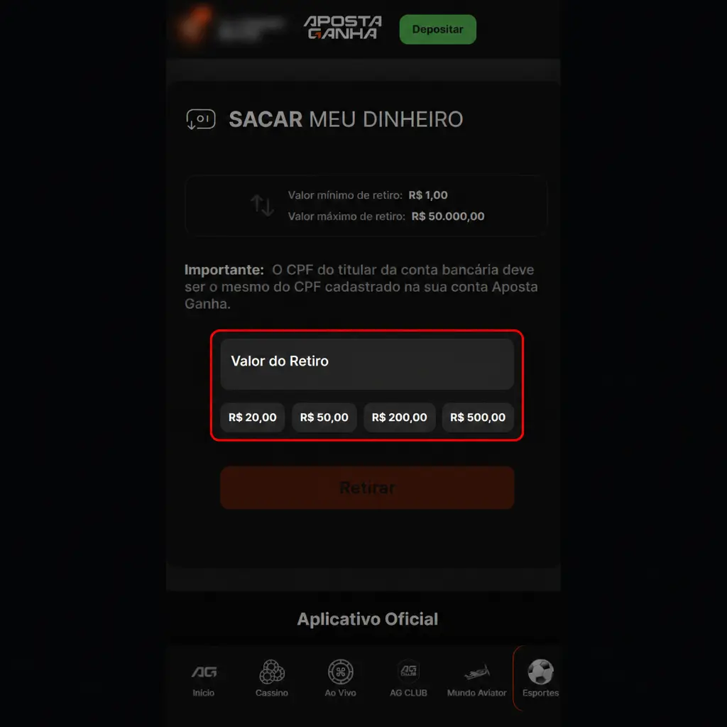 Guia passo a passo para sacar fundos na Aposta Ganha, mostrando o método, valor e prazo de processamento.