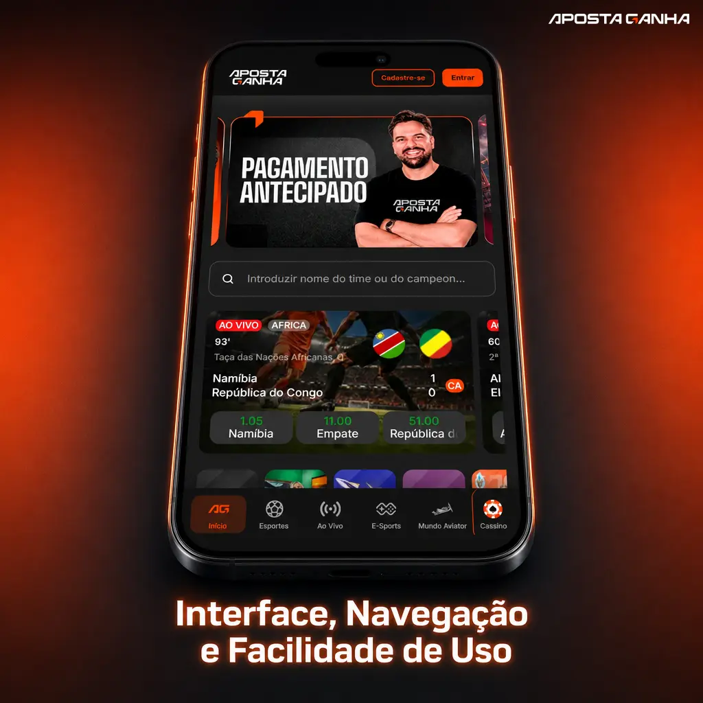 Interface de app de apostas com menu inferior fixo, boletim lateral e filtros de cassino por categoria e RTP
