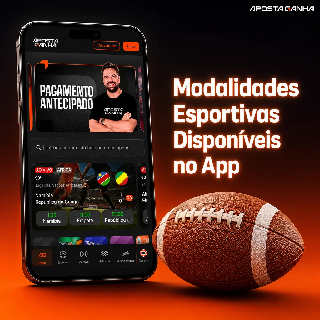 Lista de modalidades esportivas disponíveis no app: futebol, basquete, tênis, vôlei, MMA, Fórmula 1, e-sports, tênis de mesa e futsal.