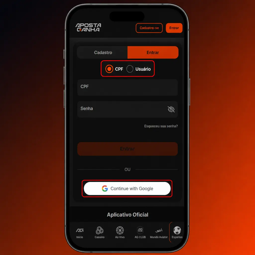 Passo a passo de login na Aposta Ganha: tela para inserir e-mail, senha e acessar o painel do jogador.