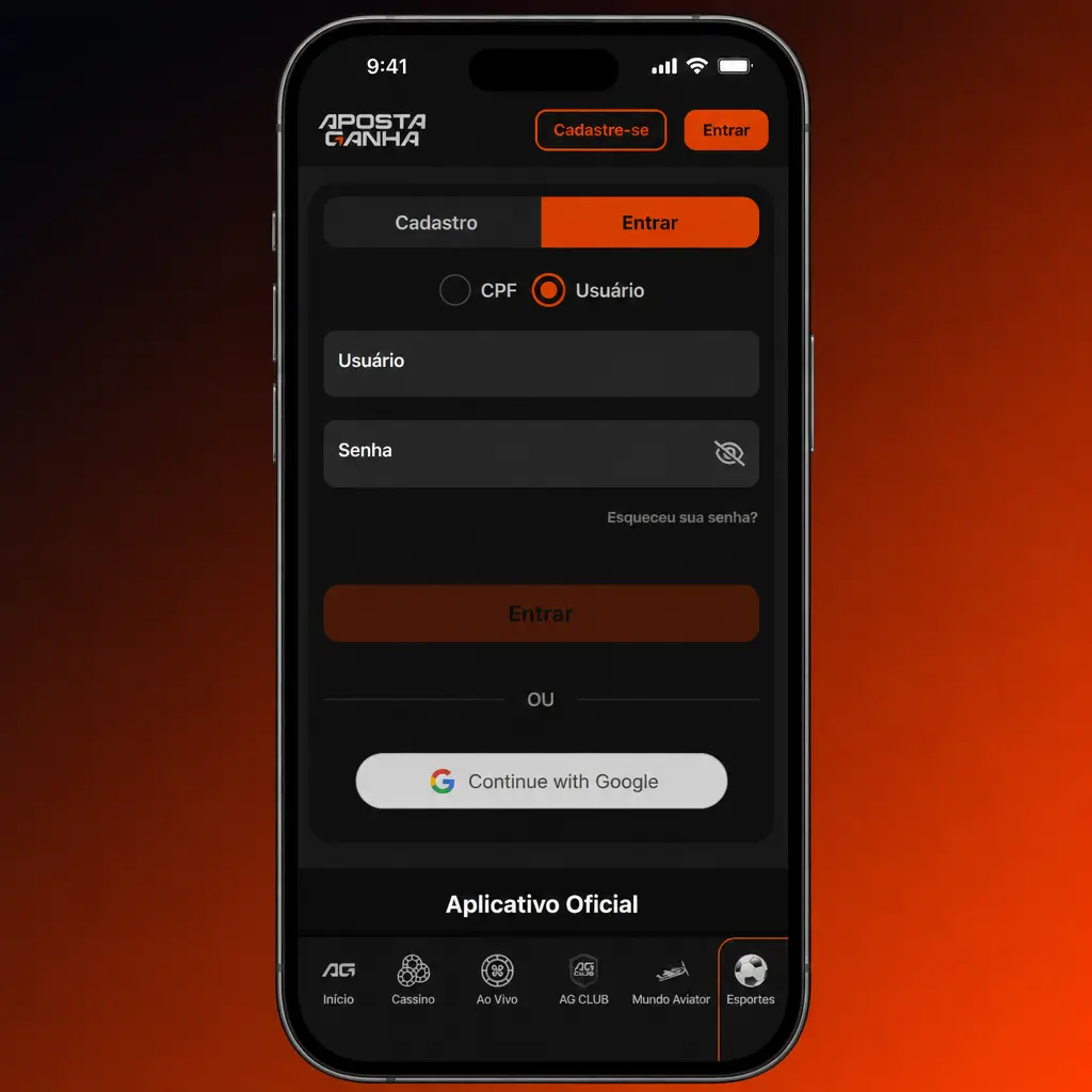 Passo a passo mostrando como fazer login na conta da Aposta Ganha usando e-mail, telefone ou usuário e senha.