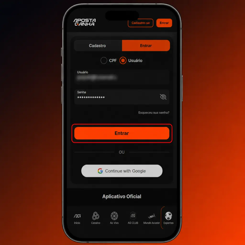 Passo a passo para fazer login na conta da Aposta Ganha usando e-mail, telefone ou usuário e senha cadastrados.