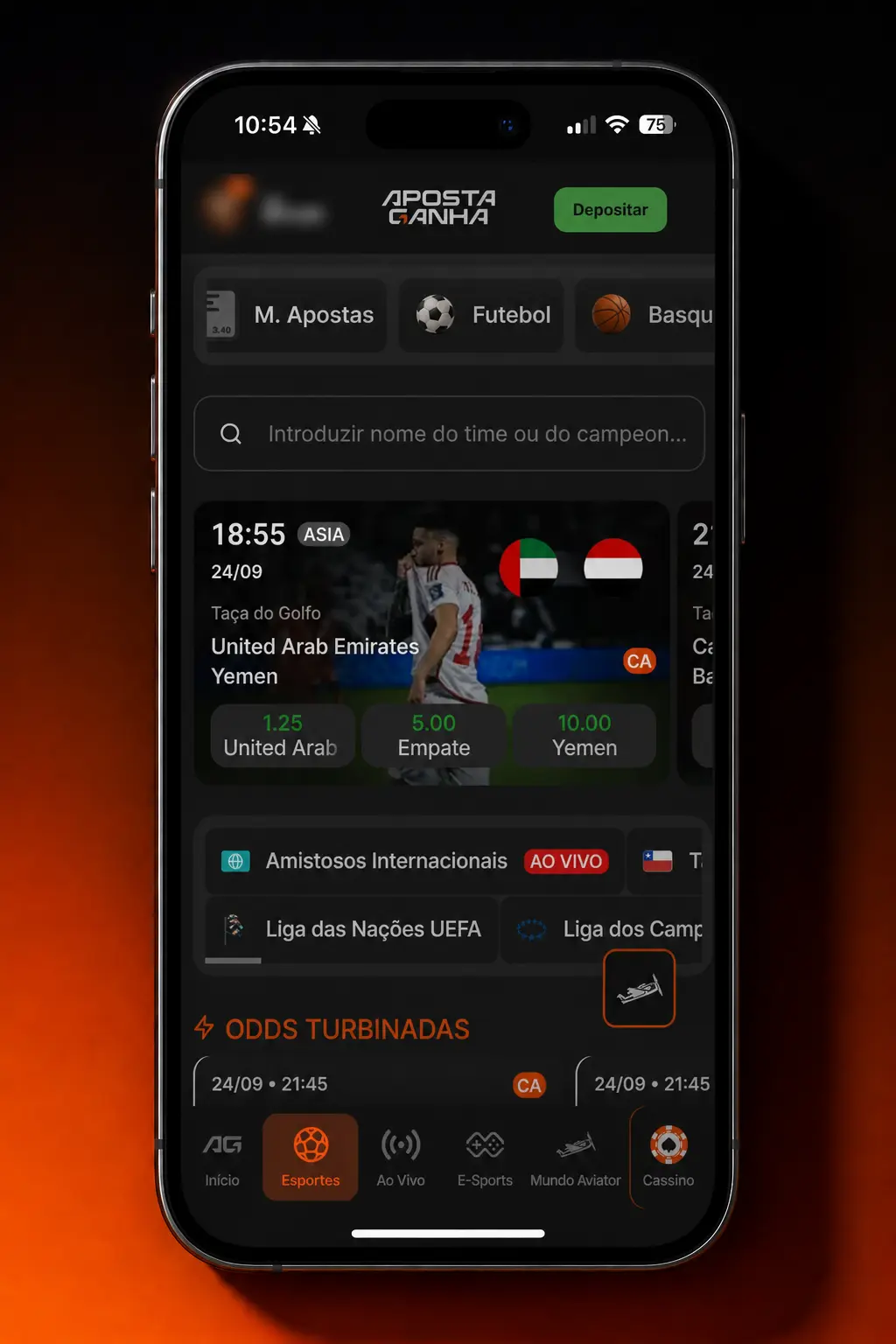 Tela do aplicativo Aposta Ganha mostrando as apostas em e-sports disponíveis para celular