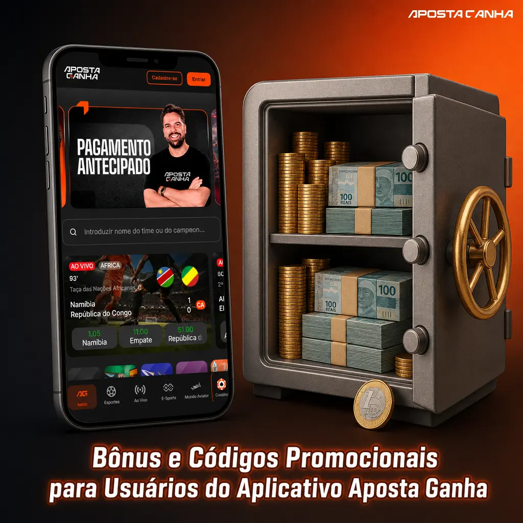 Bônus de boas-vindas e cashback no app Aposta Ganha, com código promocional e acompanhamento do rollover em "Meus Bônus"