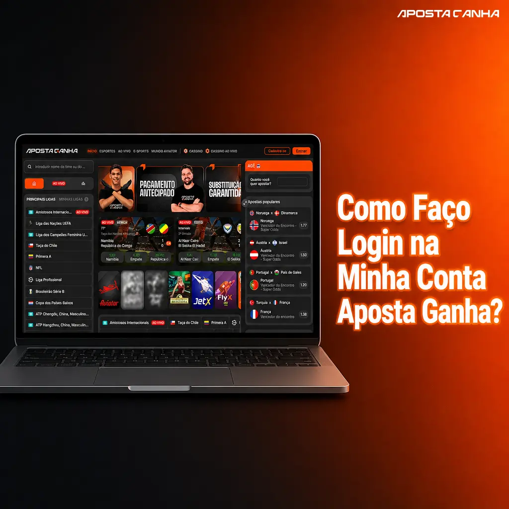 Tela de login da Aposta Ganha com campos para e-mail, telefone ou usuário e senha, acesso seguro via SSL.