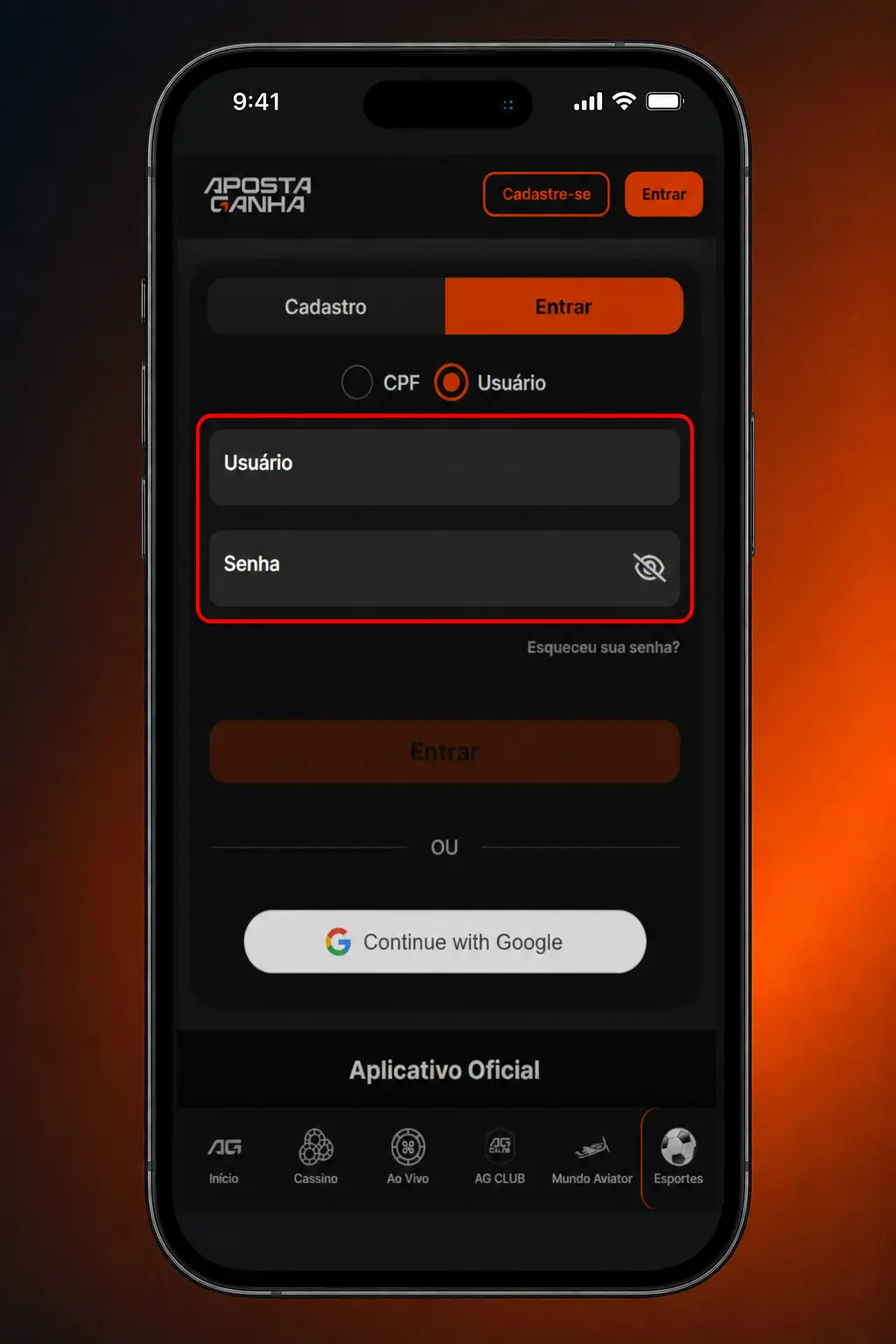 Passo a passo para fazer login no aplicativo Aposta Ganha usando CPF ou e-mail e senha cadastrados.