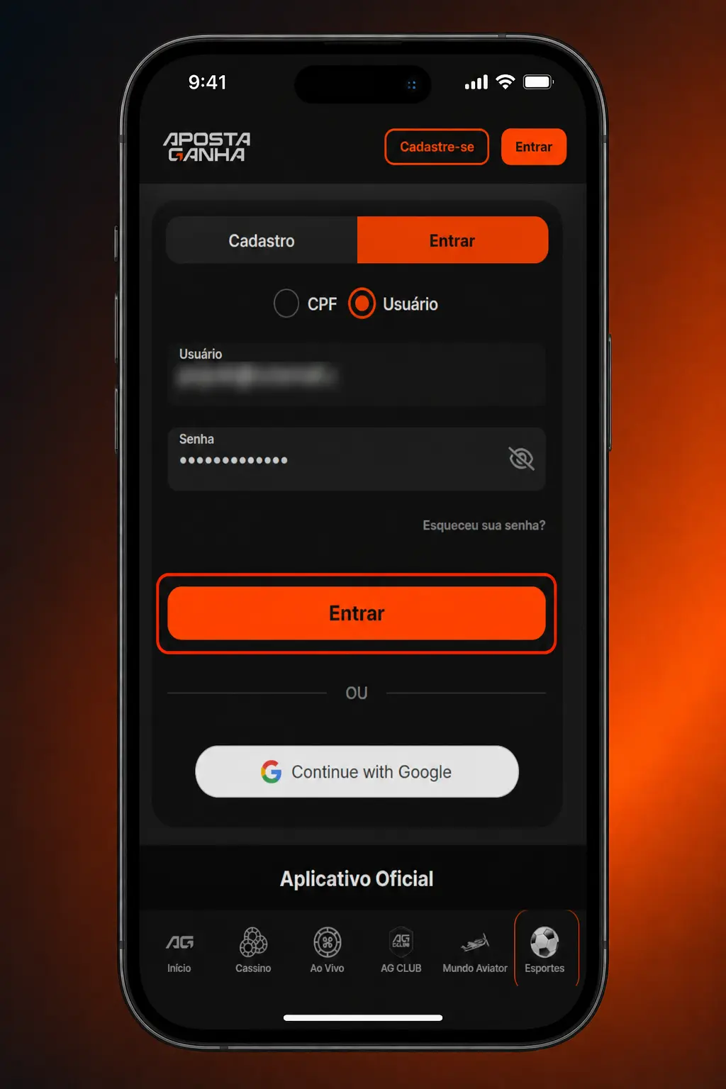 Passo a passo para fazer login no aplicativo Aposta Ganha usando CPF, senha e código de verificação por SMS.