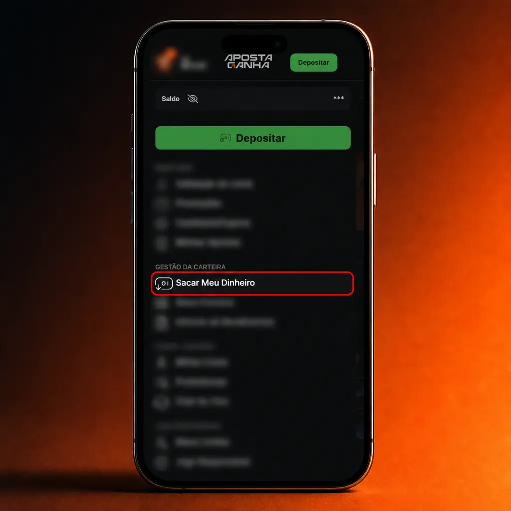 Passo a passo para sacar dinheiro na Aposta Ganha via Pix ou criptomoedas, com tela de solicitação de saque.