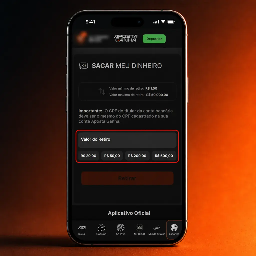 Passo a passo para sacar dinheiro na Aposta Ganha via Pix ou criptomoedas, com valor mínimo de 50 BRL.