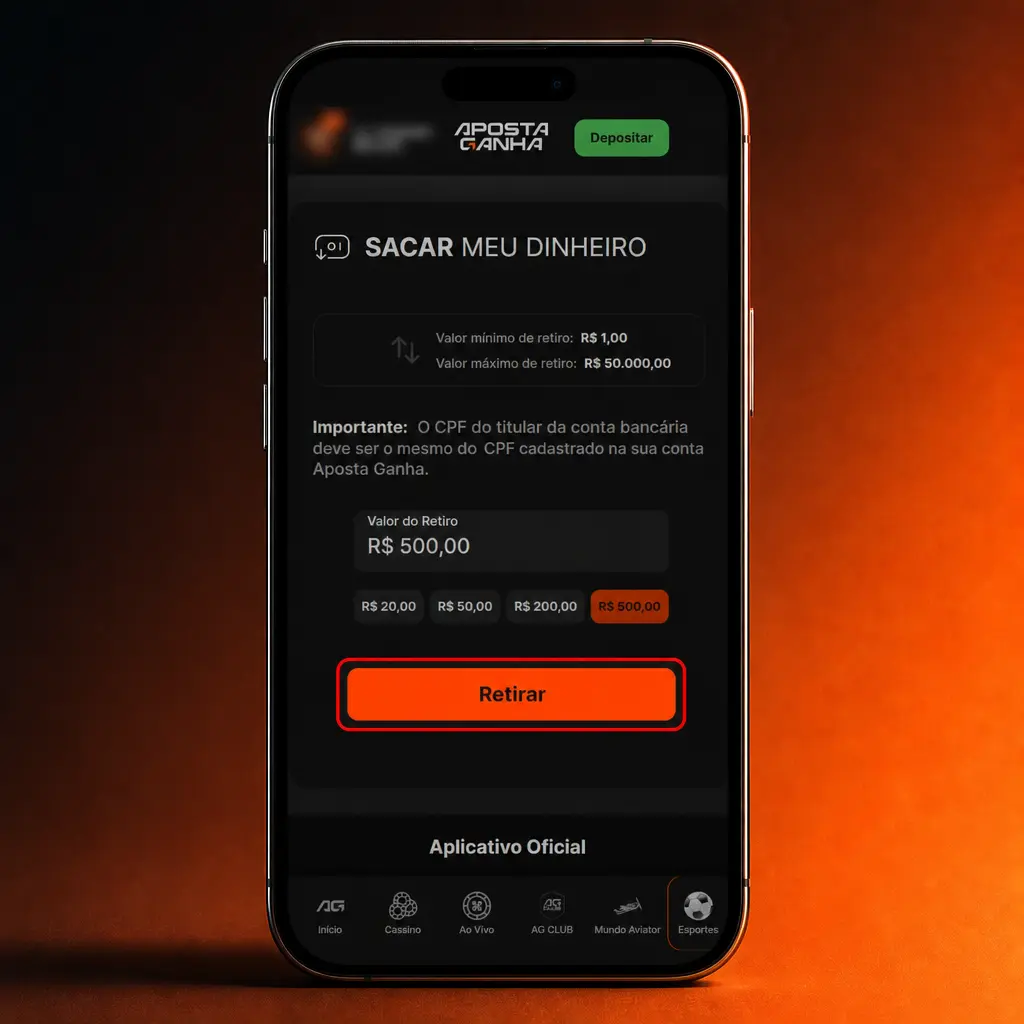 Passo a passo para sacar dinheiro na Aposta Ganha usando Pix ou criptomoedas, com valor mínimo de 50 BRL