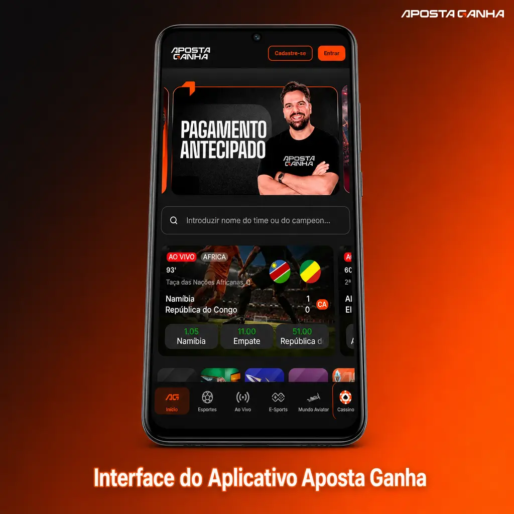 Interface do aplicativo Aposta Ganha com abas de esportes, cassino e cassino ao vivo e atalhos para futebol brasileiro