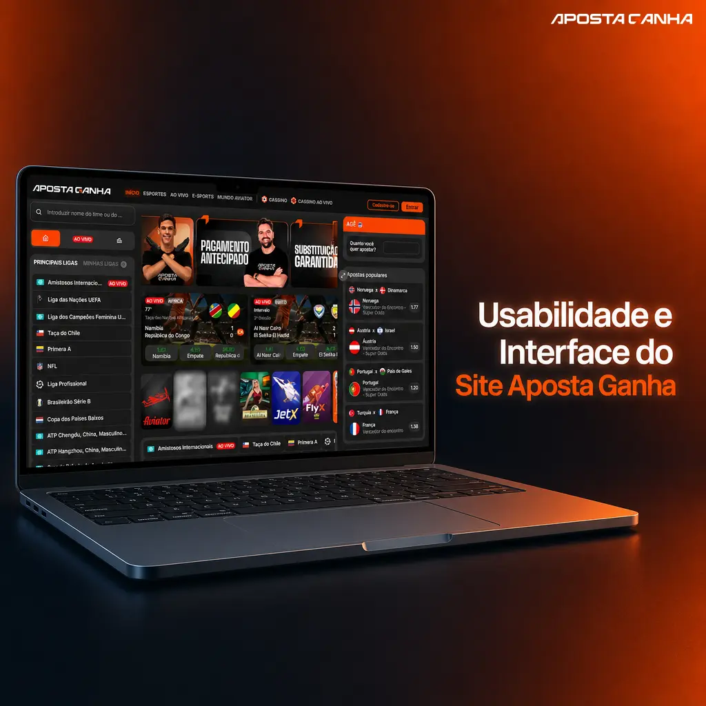 Interface do site Aposta Ganha em tons escuros e laranja, com menu superior e categorias fixas na lateral